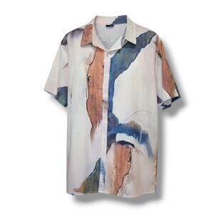 ROMWE Men’s Abstract Print Button Down Shirt Large Polyester Spandex Blend